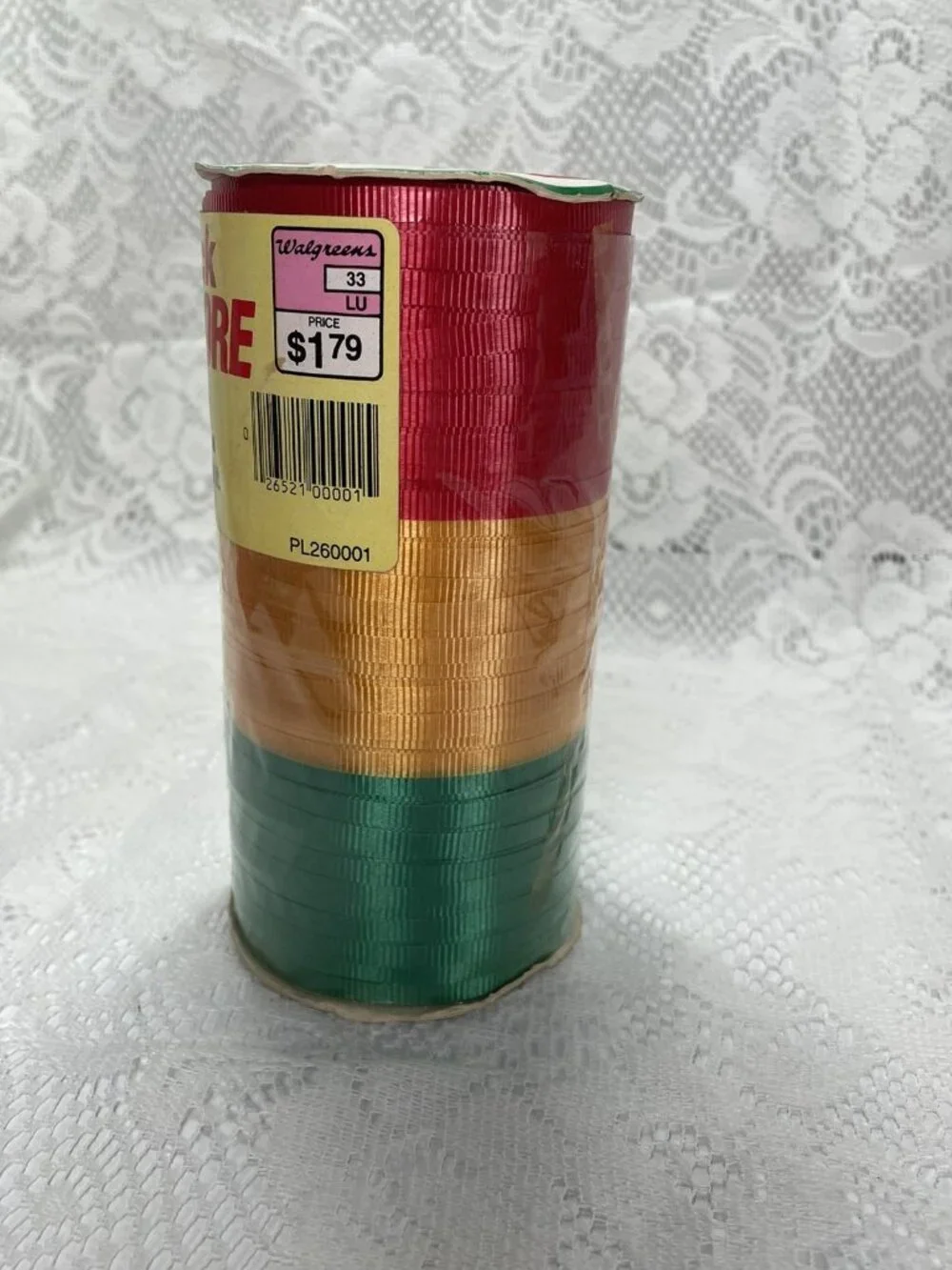 1970s Vtg Burwick Curling Ribbon 3 Color Spool Green Gold Red Orig Sticker USA